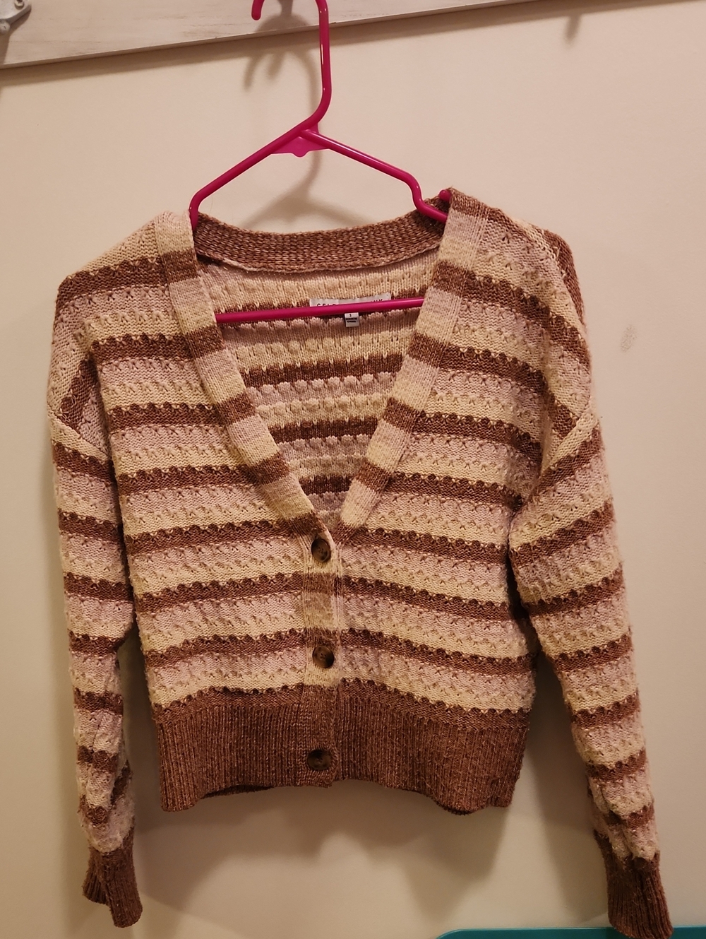 Celebrity Pink Cream & Brown Striped V‑Neck Button Cardigan